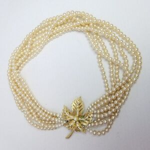 Vintage Seven Strand Faux Pearl Beaded Necklace with Rhinestone Leaf Clasp